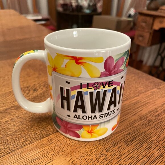 "I Love Hawaii-Aloha State" Souvenir Coffee Cup Mug by Plumeria License Plate - Picture 3 of 6